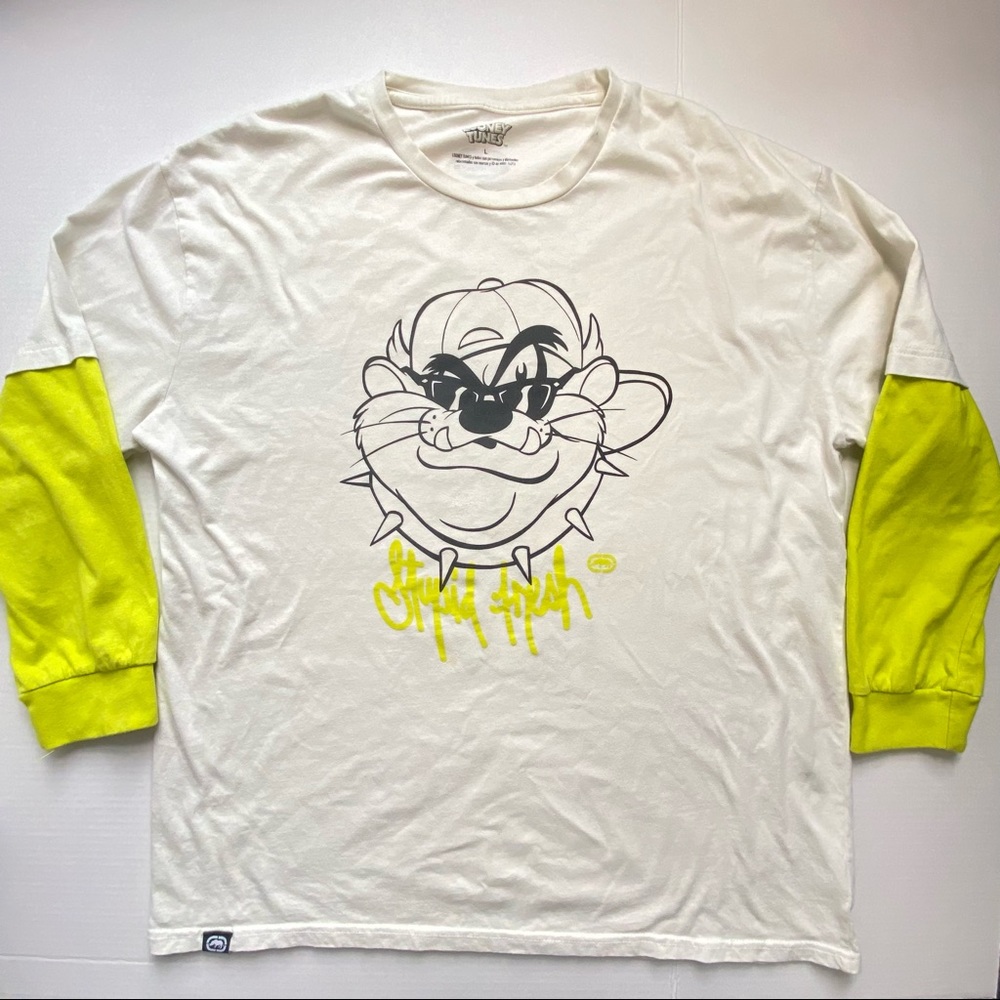 Ecko x Looney Tunes Taz  Long Sleeve White and Lime Long Sleeve Shirt Men Sz LG